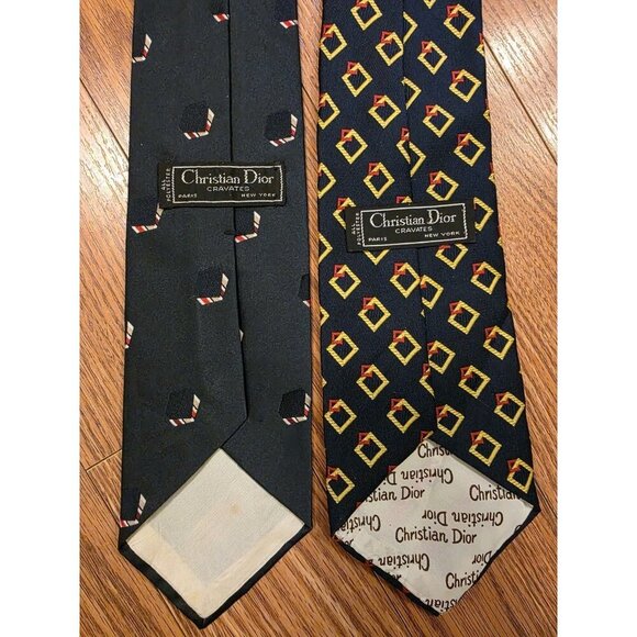 Christian Dior Mens Neck Ties (2) Cravates‎ Polyester Geometric Navy Blue 56" - Picture 7 of 8